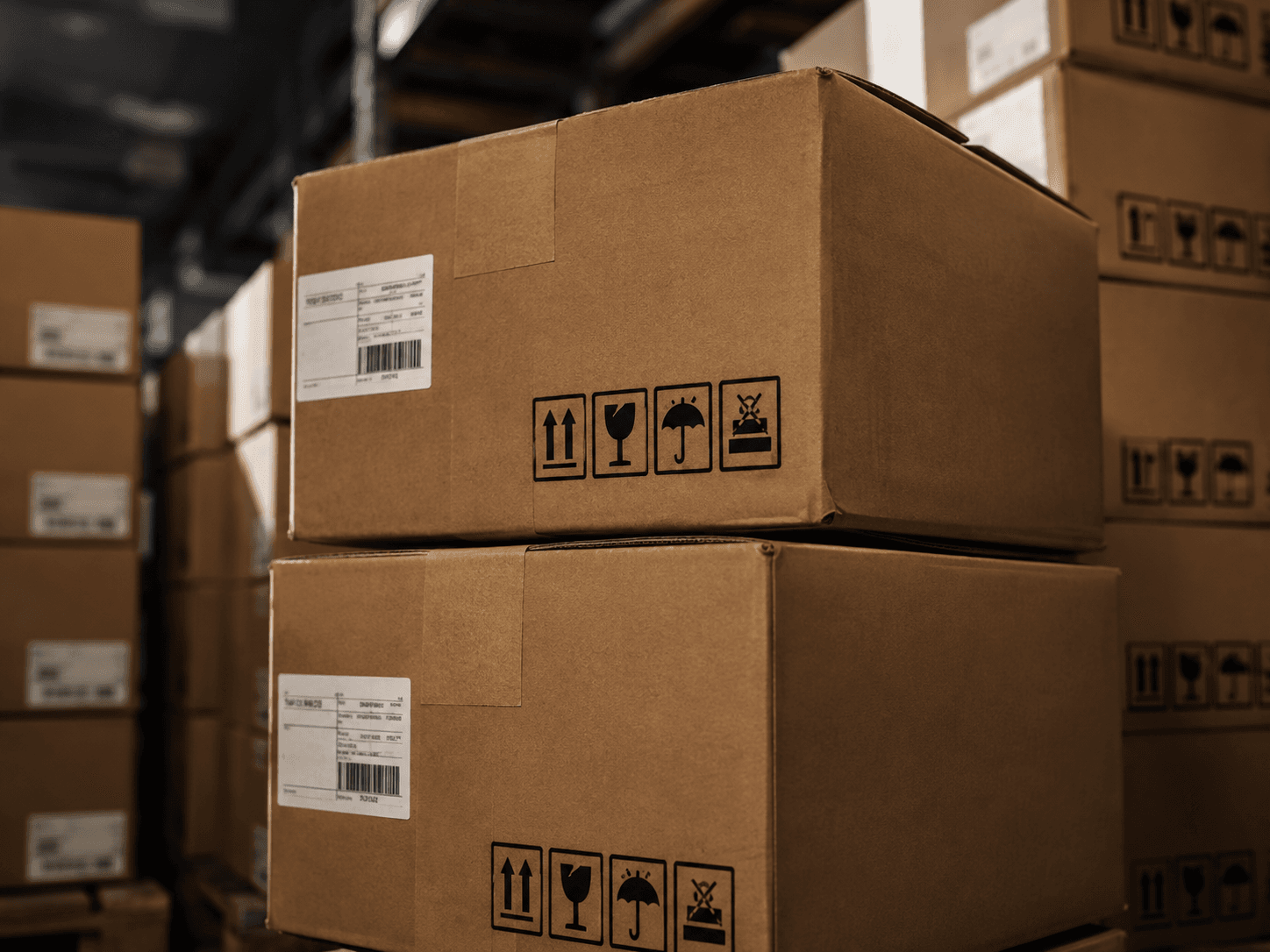 Stacked cardboard boxes with shipping labels
