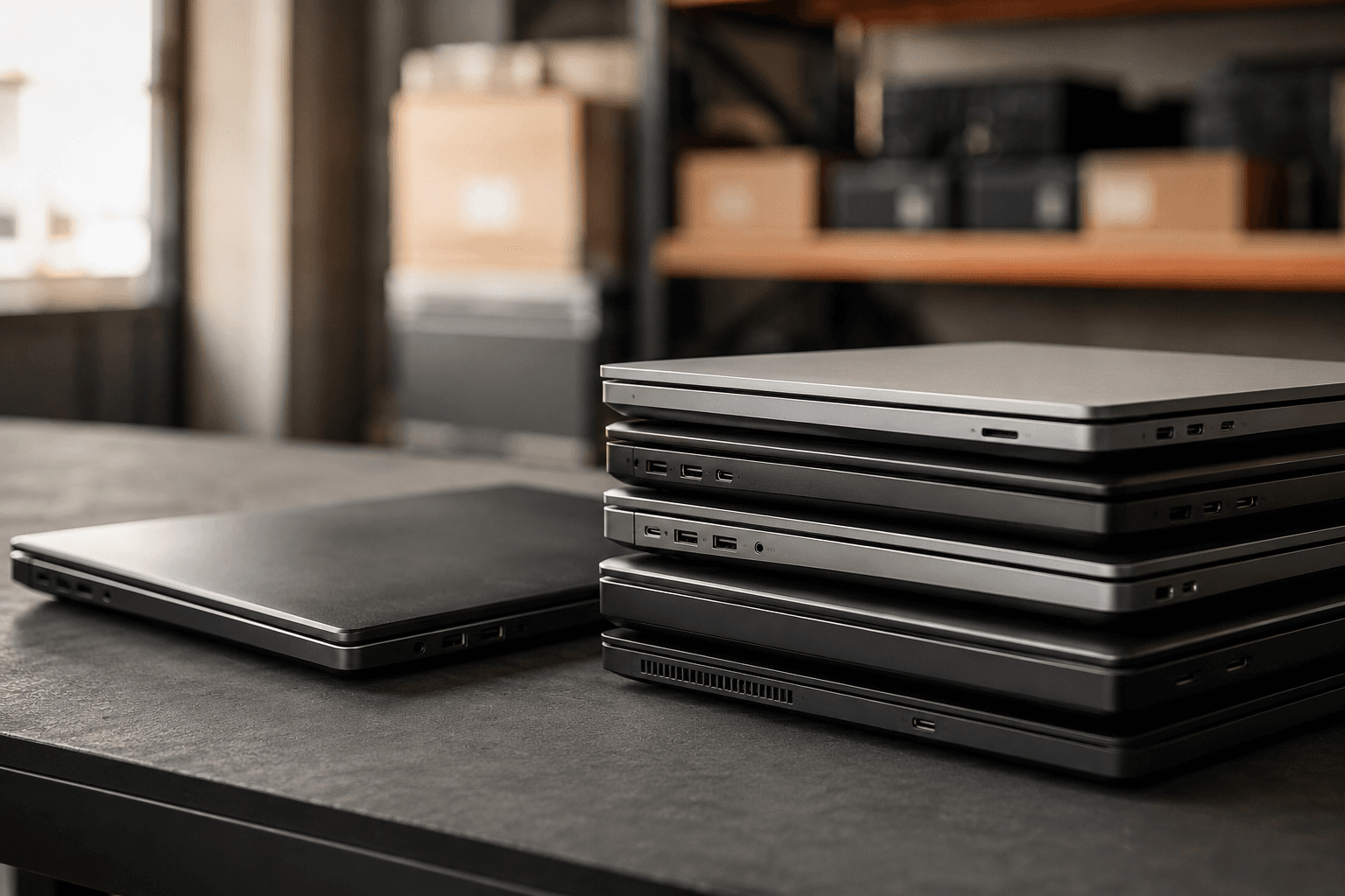 A stack of laptops on a workbench