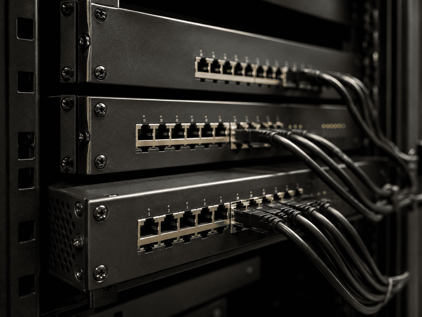 Rack-mounted network switches with patch cables