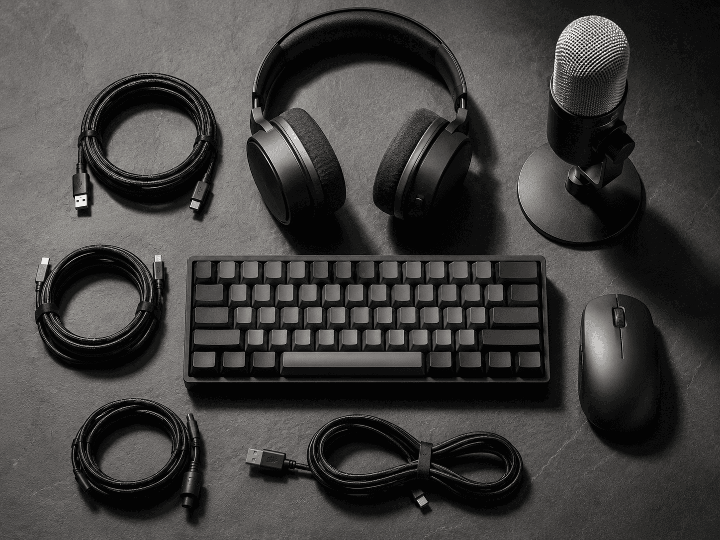 Keyboard, mouse, headset, microphone and cables arranged on a dark surface